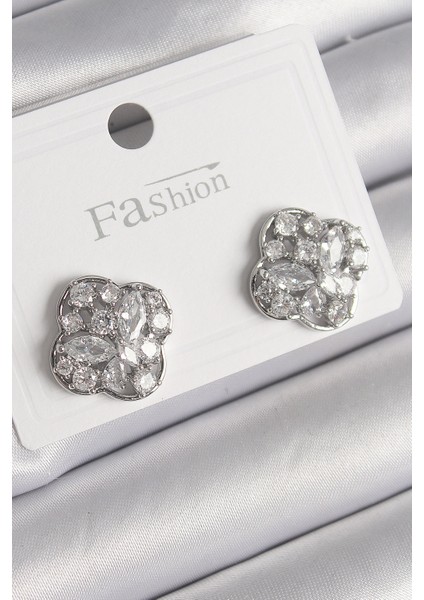 Pirinç Gümüş Renk Zirkon Taşlı Yonca Model Kadın Küpe - TJ-BKP9763