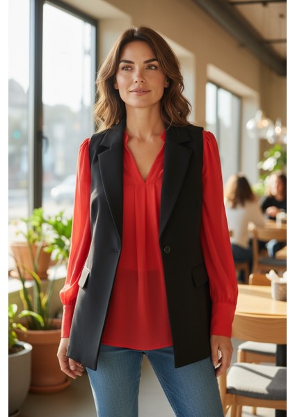 Büyük Beden Kadın Gabardin Tek Düğmeli Yelek-Rahat Kesim