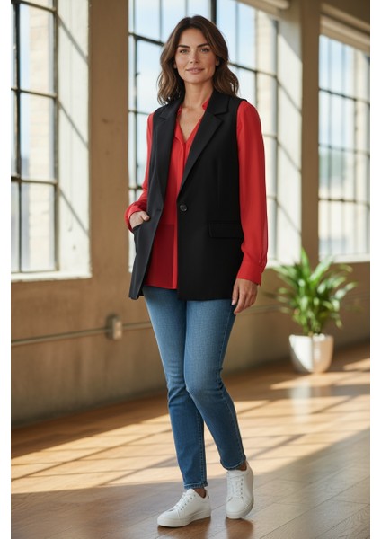 Büyük Beden Kadın Gabardin Tek Düğmeli Yelek-Rahat Kesim fiyatları