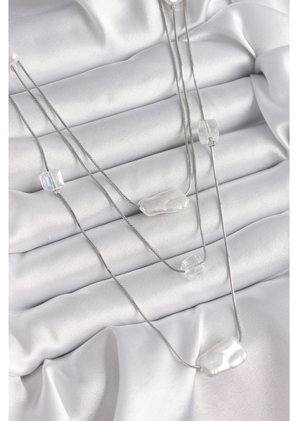 Pirinç Gümüş Renk Ezme İnci Model Çoklu Kadın Kolye - TJ-BKO9620