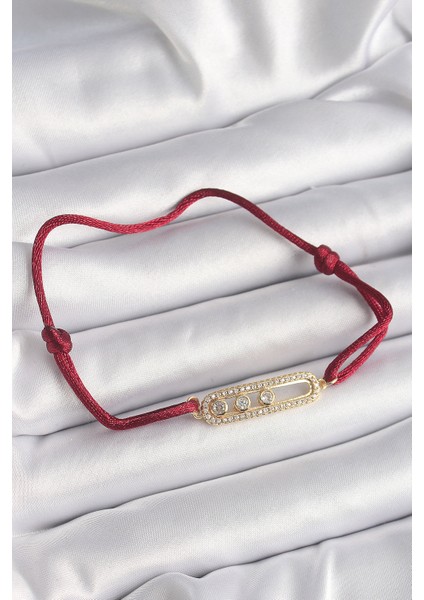 Kırmızı İpli Asansörlü Zirkon Taşlı Gold Messika Model Kadın Bileklik - TJ-BB6581
