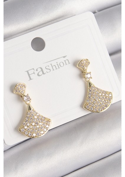 Pirinç Gold Renk Zirkon Taşlı Motif Model Kadın Küpe - TJ-BKP9778