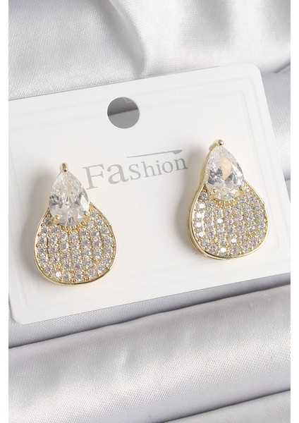 Pirinç Gold Renk Zirkon Taşlı Damla Model Kadın Küpe - TJ-BKP9870