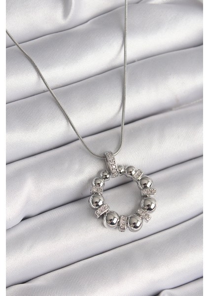 316L Çelik Gümüş Renk Zincir Zirkon Taş Detaylı Bombeli Halka Model Kadın Kolye - TJ-BKO9604