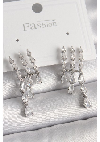 Pirinç Gümüş Renk Zirkon Taşlı Yağmur Model Kadın Küpe - TJ-BKP9936