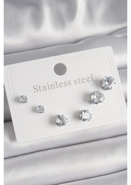 316L Çelik Gümüş Renk Zirkon Taşlı Kalp Model Kadın Küpe Seti - TJ-BKP9879