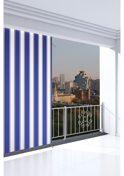 Mavi Beyaz Su Geçirmez Halkalı Bağcıklı Balkon Perdesi Branda