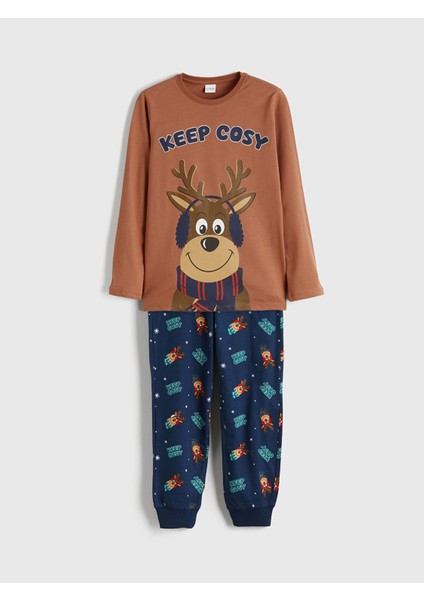 Yeni Sezon Bisiklet Yaka Yılbaşı Temalı Erkek Çocuk Pijama Takımı