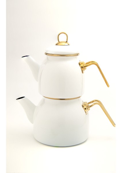 Beyaz Emaye Çaydanlık Takımı Altın Renkli Metal Kulplu Lüks Nostalji Retro Tasarım Indüksiyon Tabanlı