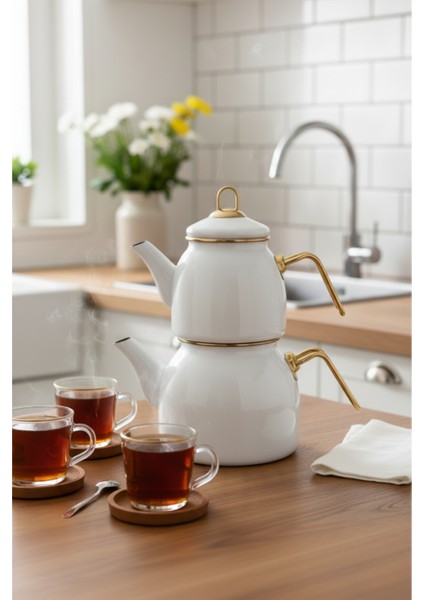 Beyaz Emaye Çaydanlık Takımı Altın Renkli Metal Kulplu Lüks Nostalji Retro Tasarım Indüksiyon Tabanlı fiyatları