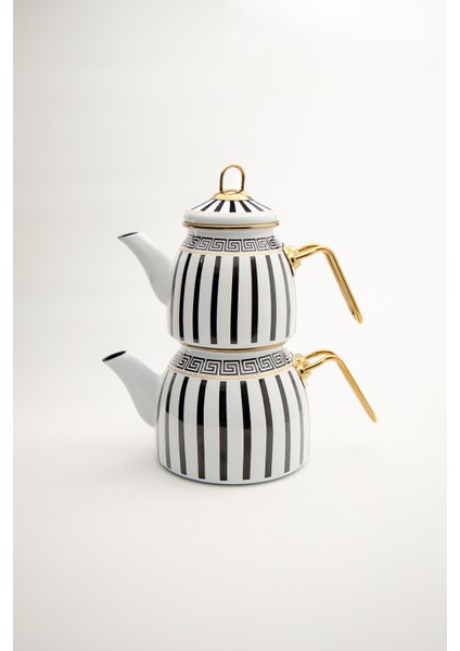 Emaye Çaydanlık Takımı Siyah Beyaz Çizgili Altın Renkli Metal Kulplu Lüks Tasarım