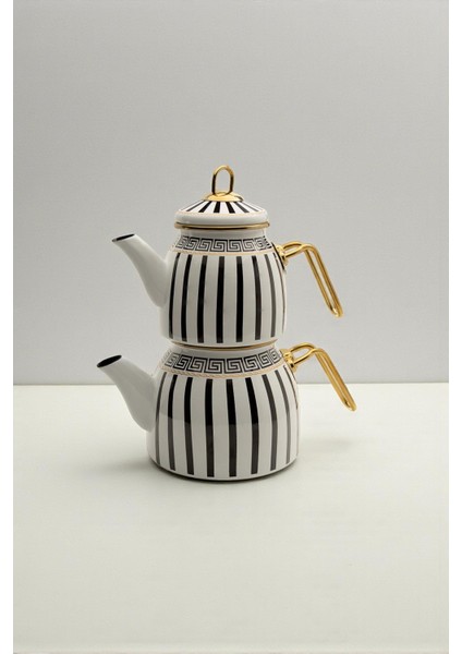Emaye Çaydanlık Takımı Siyah Beyaz Çizgili Altın Renkli Metal Kulplu Lüks Tasarım fiyatları