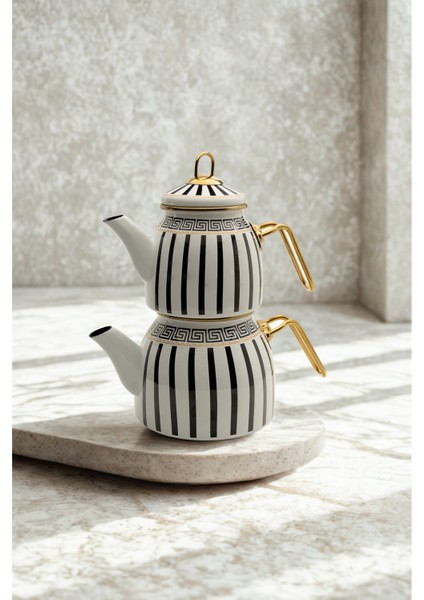 Emaye Çaydanlık Takımı Siyah Beyaz Çizgili Altın Renkli Metal Kulplu Lüks Tasarım modelleri