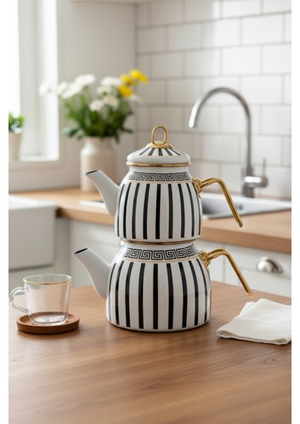 Emaye Çaydanlık Takımı Siyah Beyaz Çizgili Altın Renkli Metal Kulplu Lüks Tasarım fırsatları