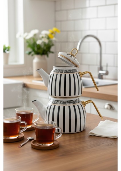Emaye Çaydanlık Takımı Siyah Beyaz Çizgili Altın Renkli Metal Kulplu Lüks Tasarım indirimleri