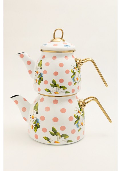 Papatyalı Emaye Çaydanlık Takımı Pembe Puantiyeli Lüks Nostalji Retro Tasarım Altın Renkli Metal Kulplu Indüksiyon Tabanlı