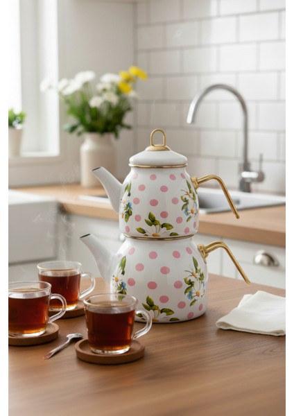 Papatyalı Emaye Çaydanlık Takımı Pembe Puantiyeli Lüks Nostalji Retro Tasarım Altın Renkli Metal Kulplu Indüksiyon Tabanlı fiyatları