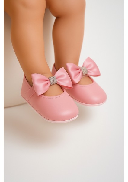 Pembe Taş Detaylı Büyük Fiyonklu Bebek Babet Ayakkabı 16 Numara