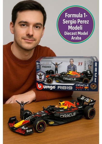 1:24 Formula 1 Red Bull RB19 Sergio Perez Metal Model Araba Özel Pilot Figürlü Koleksiyon