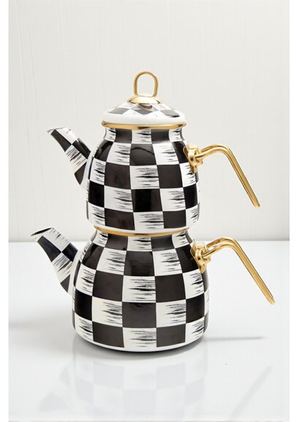 Damalı Emaye Çaydanlık Takımı Siyah Beyaz Altın Renkli Metal Kulplu Lüks Nostalji Retro Tasarım Indüksiyon Tabanlı