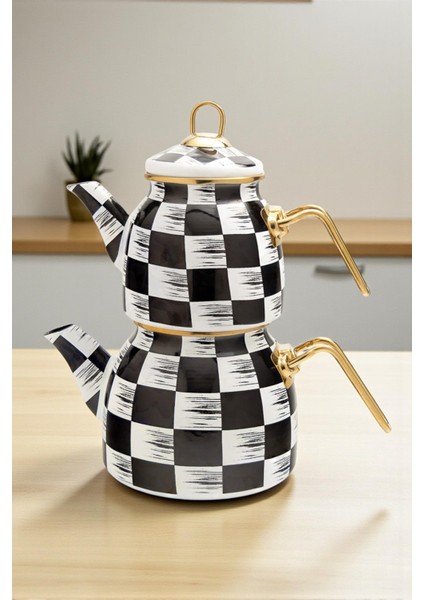 Damalı Emaye Çaydanlık Takımı Siyah Beyaz Altın Renkli Metal Kulplu Lüks Nostalji Retro Tasarım Indüksiyon Tabanlı fiyatları