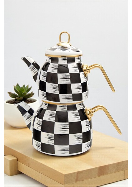 Damalı Emaye Çaydanlık Takımı Siyah Beyaz Altın Renkli Metal Kulplu Lüks Nostalji Retro Tasarım Indüksiyon Tabanlı modelleri