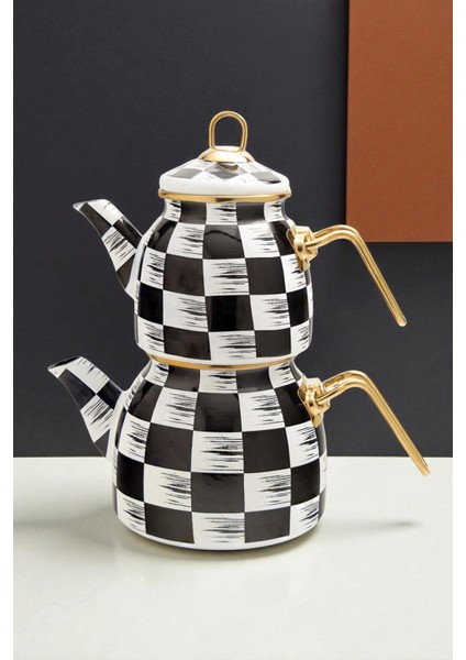Damalı Emaye Çaydanlık Takımı Siyah Beyaz Altın Renkli Metal Kulplu Lüks Nostalji Retro Tasarım Indüksiyon Tabanlı fırsatları