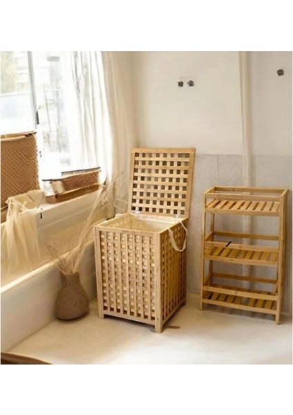 - Büyük Boy Ahşap Bambu Kirli Sepeti 45X45X62