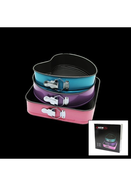 3 Parça Set Metal Kek Kalıp Kelepçeli Kalp - Kare - Yuvarlak (4887)