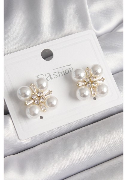 Pirinç Gold Renk Zirkon Taşlı İncili Kadın Küpe - TJ-BKP9947