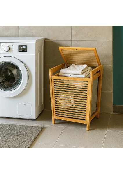 - Orta Boy Ahşap Bambu Kirli Sepeti 40X35X60