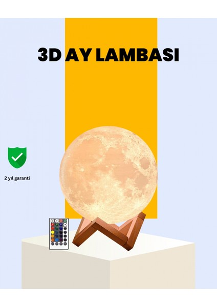 - Şarjlı 3D Baskılı 16 Renk Ay Lambası Ahşap Stand ve Uzaktan Kumanda