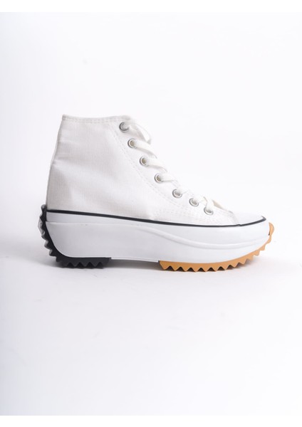 Venedik Bağcıklı Ortopedik Taban Boğazlı Keten Kadın Sneaker - Beyaz