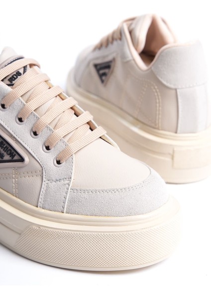 Prag Premium Bağcıklı Ortopedik Kadın Sneaker - Krem