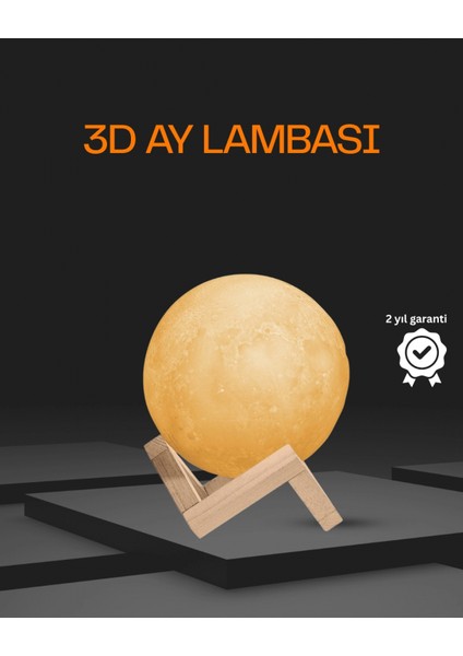 - Ahşap Standlı 3D Baskı Ay Lambası 16 Renkli ve Şarjlı Uzaktan Kumandalı