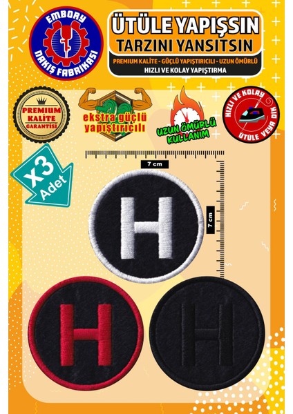 Ütü ile Yapışan Arma Yama, H Harf (3 Adet) Ütüyle Yapışan Nakış Dokuma Aplike Patch