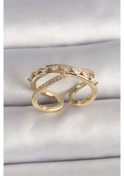 Pirinç Gold Renk Zirkon Taşlı Ayarlanabilir Kadın Yüzük - TJ-BYK3577