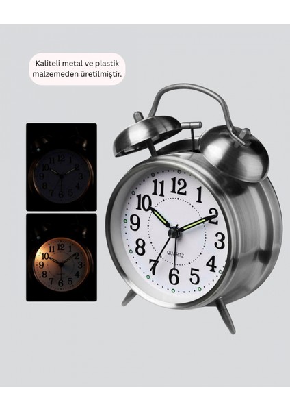 - Dekoratif Yuvarlak Gümüş Sessiz Işıklı Masa Üstü Çalar Saat Alarmlı ve Şık Tasarım indirimleri