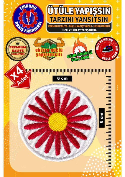 Ütü ile Yapışan Arma Yama, Kırmızı Çiçek (4 Adet) Ütüyle Yapışan Nakış Dokuma Aplike Patch