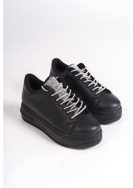 Softflex Bağcıklı Taşlı Ortopedik Kadın Sneaker - Siyah