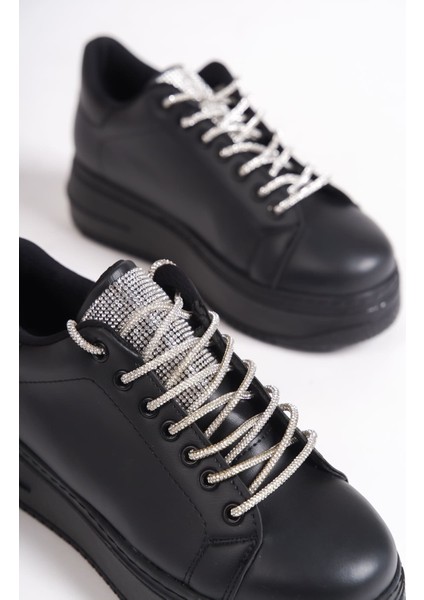 Softflex Bağcıklı Taşlı Ortopedik Kadın Sneaker - Siyah