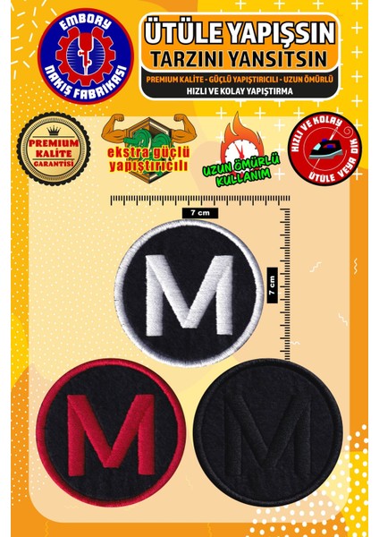 Ütü ile Yapışan Arma Yama, M Harf (3 Adet) Ütüyle Yapışan Nakış Dokuma Aplike Patch