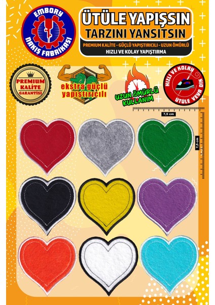 Ütü ile Yapışan Arma Yama, Renkli Kalp Set (9 Adet) Ütüyle Yapışan Nakış Dokuma Aplike Patch