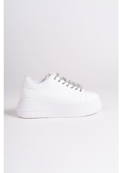 Softflex Bağcıklı Taşlı Ortopedik Kadın Sneaker - Beyaz