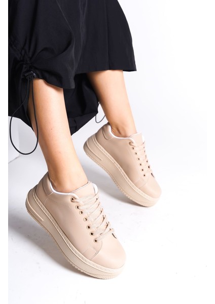 Lyon Bağcıklı Ortopedik Rahat Beyaz Kadın Sneaker - Ten