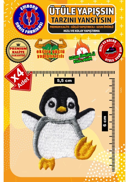 Ütü ile Yapışan Arma Yama, Şirin Penguen (4 Adet) Ütüyle Yapışan Nakış Dokuma Aplike Patch