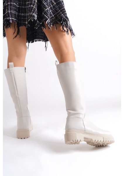 Mırax Fermuarlı Ortopedik Taban Suya ve Soğuğa Dayanıklı Kadın Çizme Krem