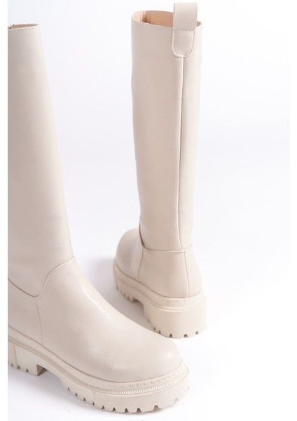 Mırax Fermuarlı Ortopedik Taban Suya ve Soğuğa Dayanıklı Kadın Çizme Krem