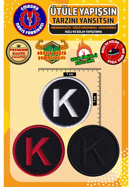 Ütü ile Yapışan Arma Yama, K Harf (3 Adet) Ütüyle Yapışan Nakış Dokuma Aplike Patch