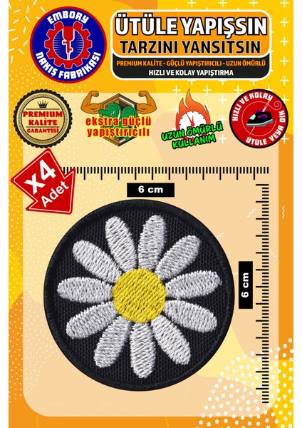 Ütü ile Yapışan Arma Yama, Papatya Çiçek (4 Adet) Ütüyle Yapışan Nakış Dokuma Aplike Patch